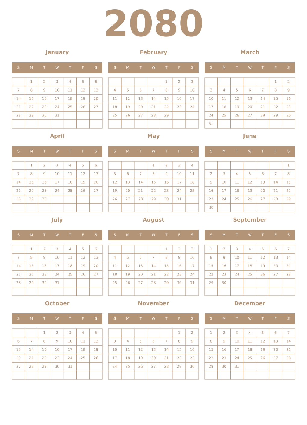 Printable 2080 Year Calendars isabelline