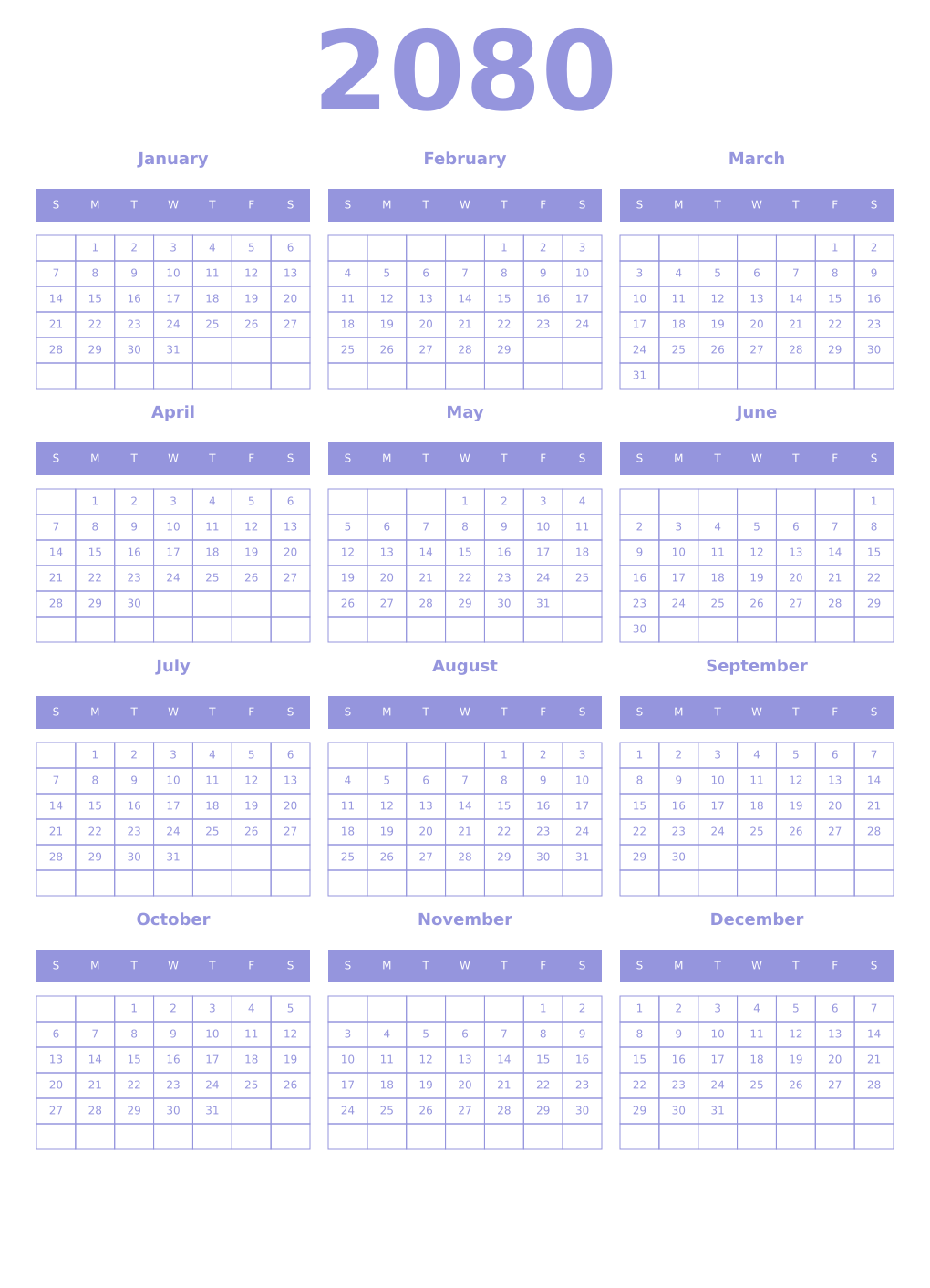 Printable 2080 Year Calendars periwinkle