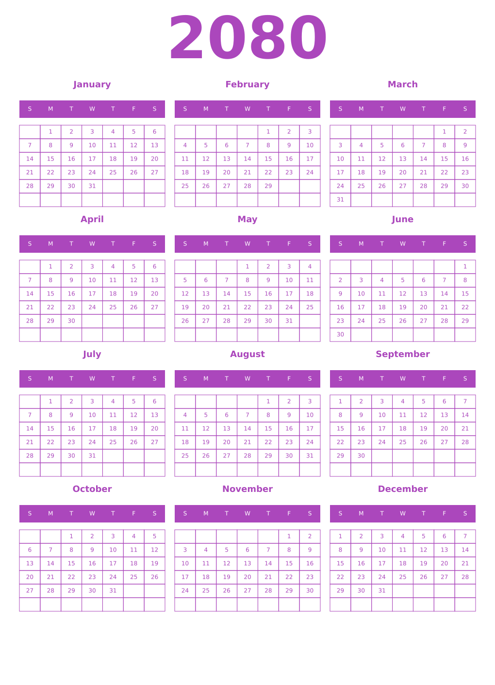 Printable 2080 Year Calendars purple