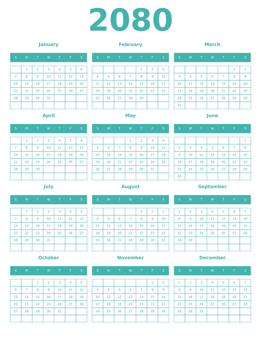 Printable 2080 Year Calendars verdigris