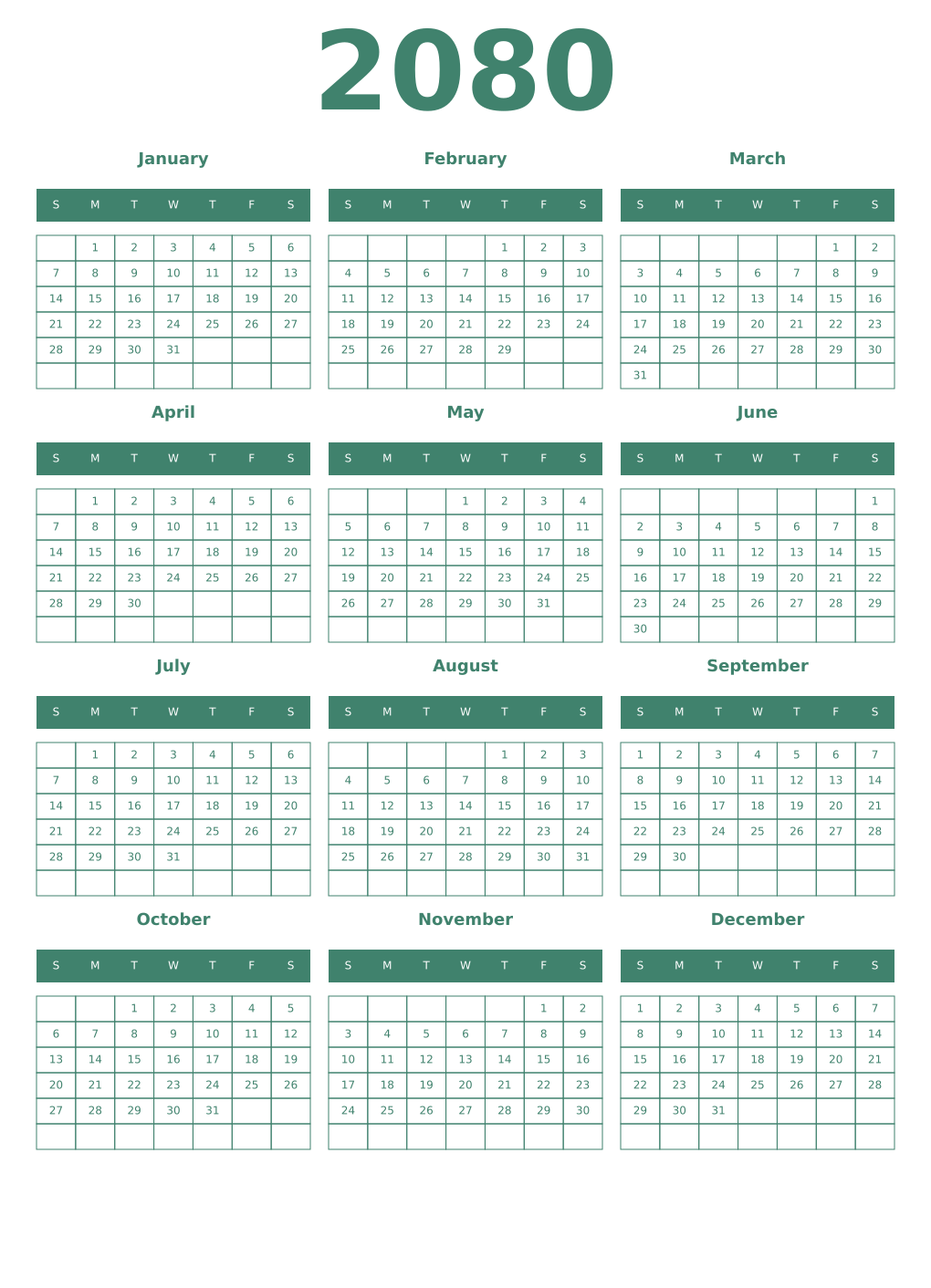 Printable 2080 Year Calendars viridian