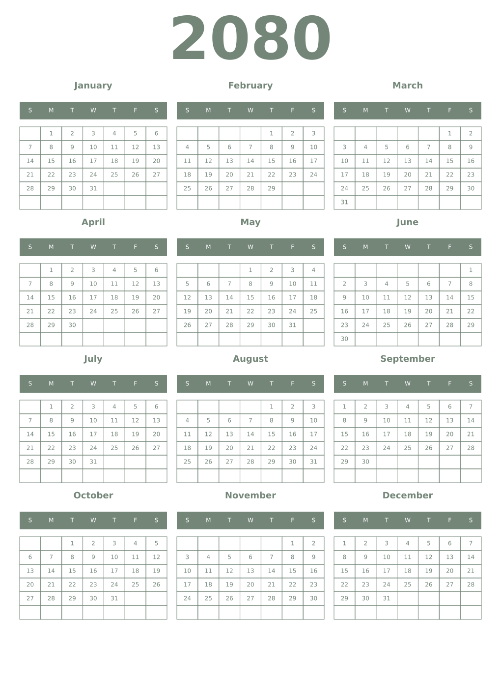 Printable 2080 Year Calendars xanadu