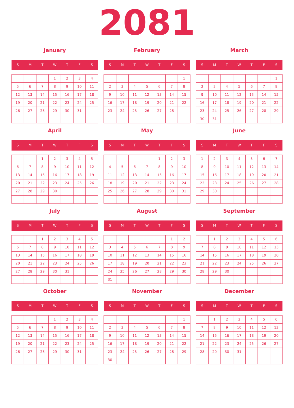 Printable 2081 Year Calendars amaranth