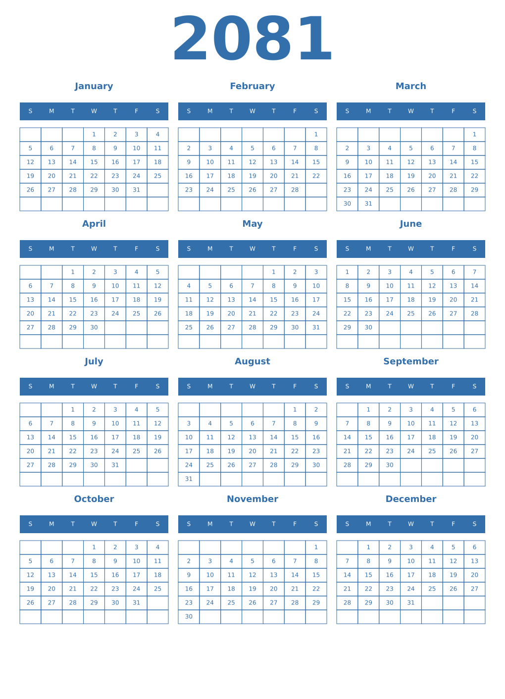Printable 2081 Year Calendars blue
