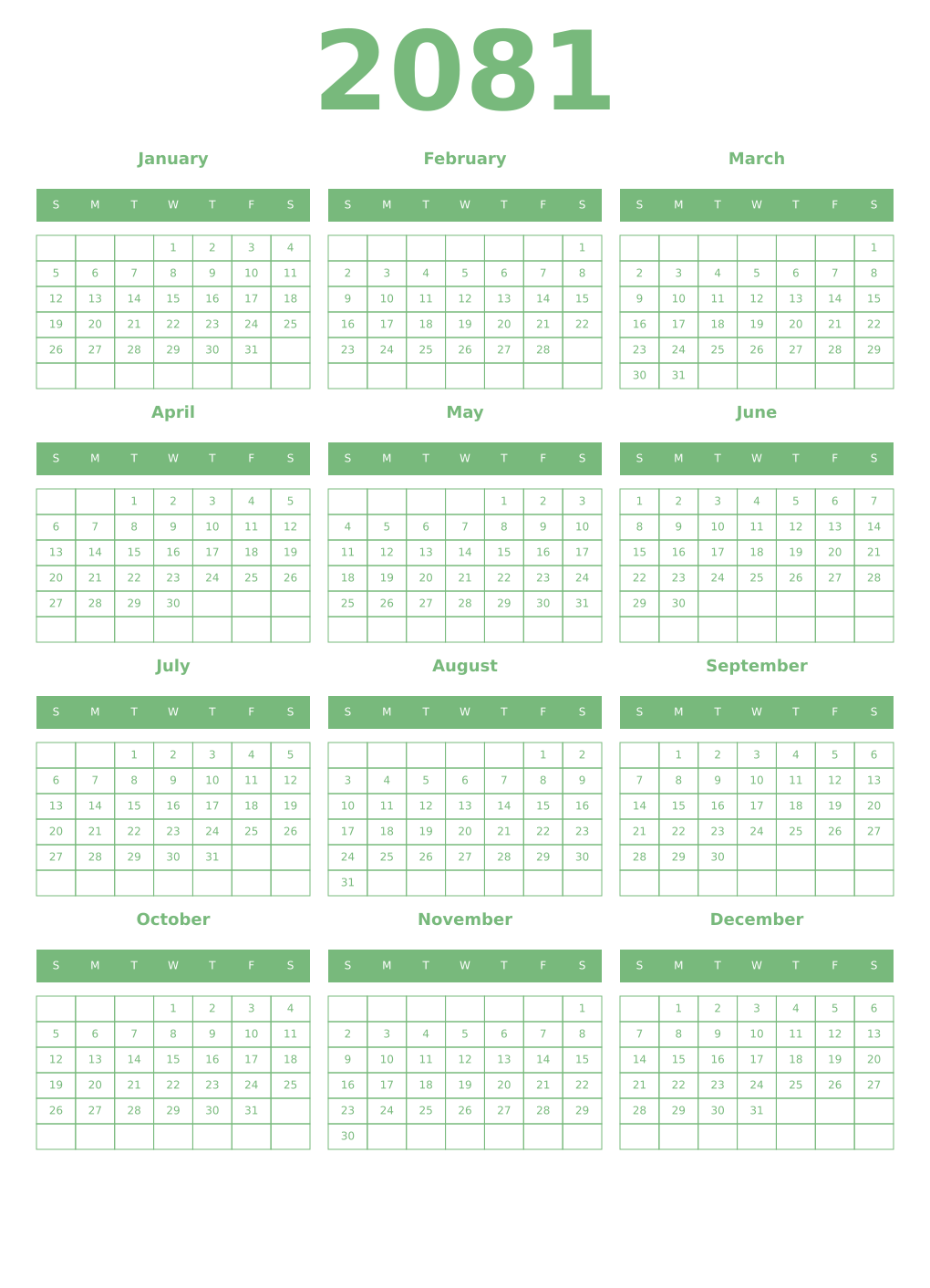 Printable 2081 Year Calendars celadon