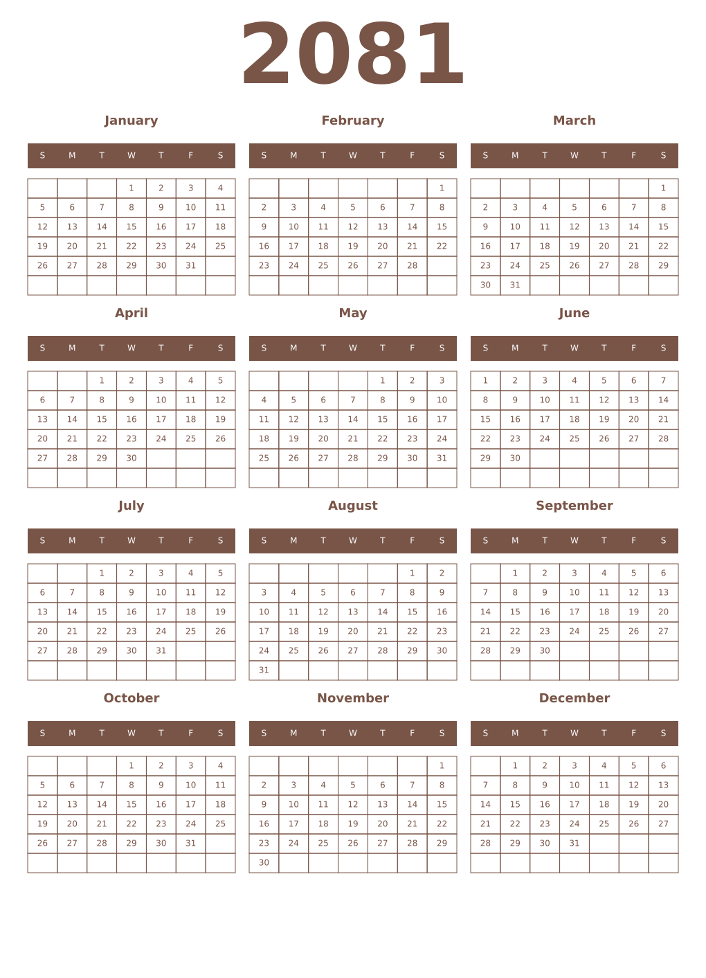 Printable 2081 Year Calendars coffe