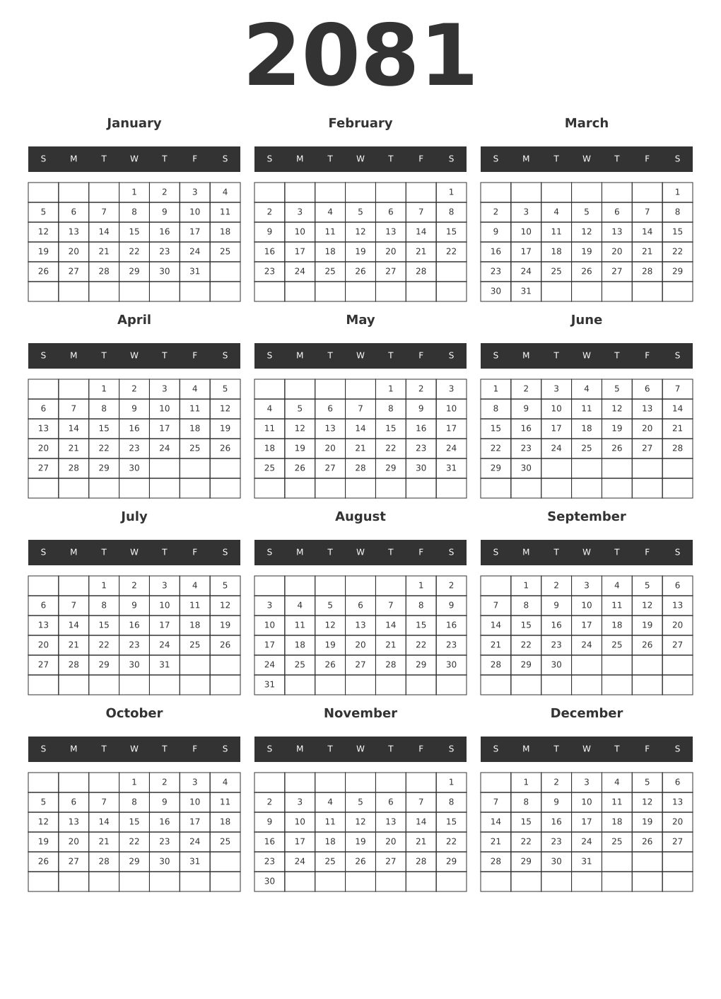Printable 2081 Year Calendars dark