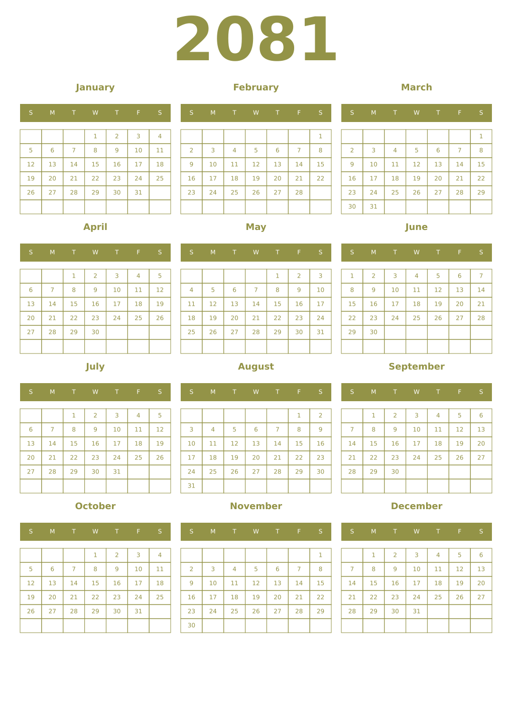 Printable 2081 Year Calendars eburnean