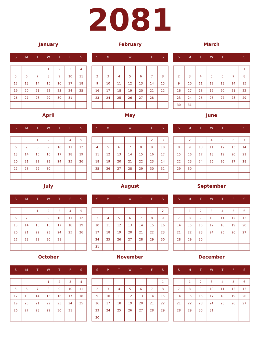 Printable 2081 Year Calendars falu