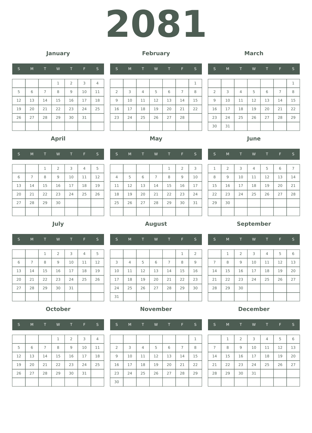 Printable 2081 Year Calendars feldgrau