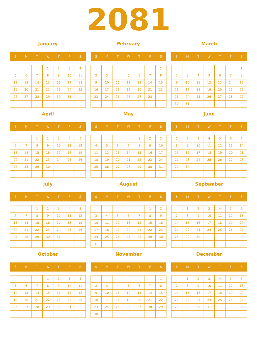 Printable 2081 Year Calendars gamboge
