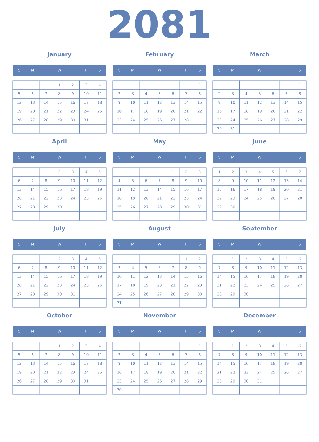 Printable 2081 Year Calendars glaucous