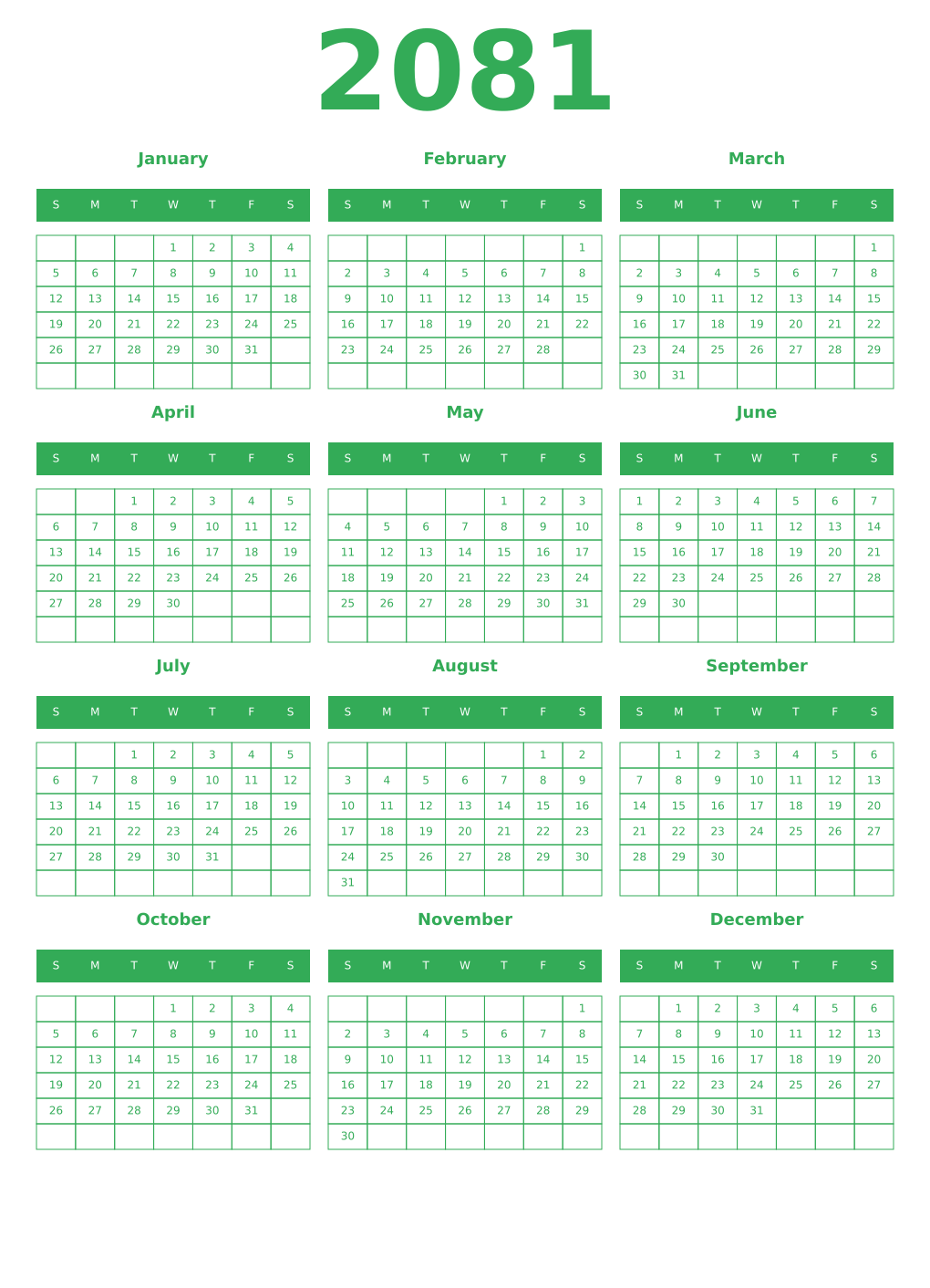 Printable 2081 Year Calendars green