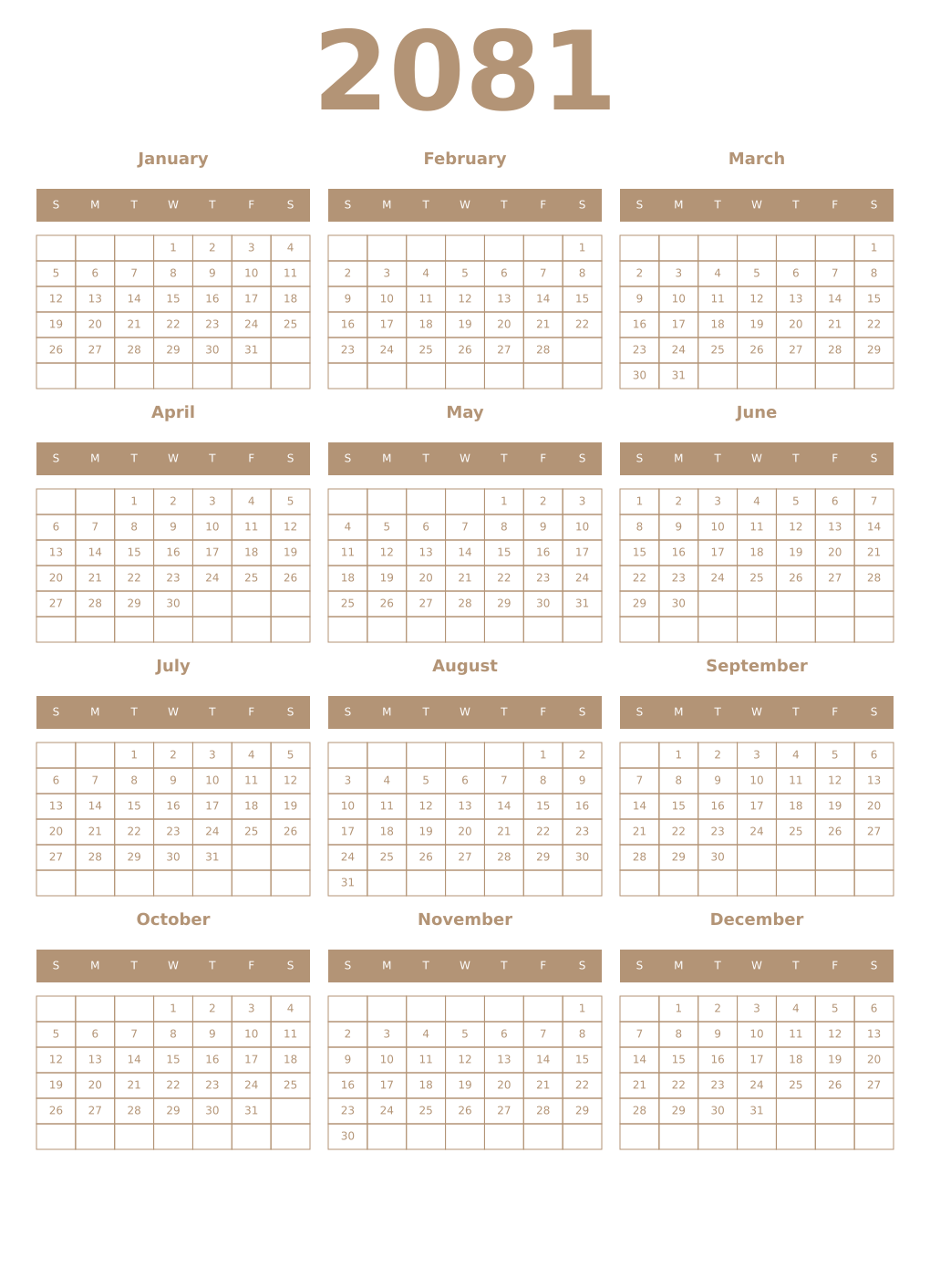 Printable 2081 Year Calendars isabelline