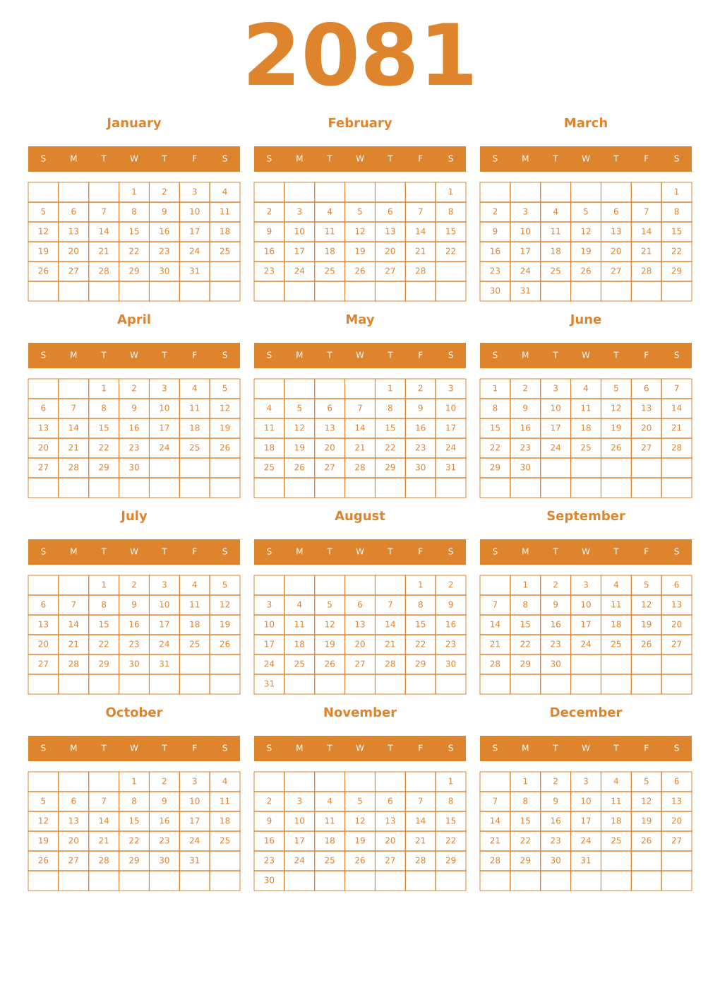 Printable 2081 Year Calendars orange