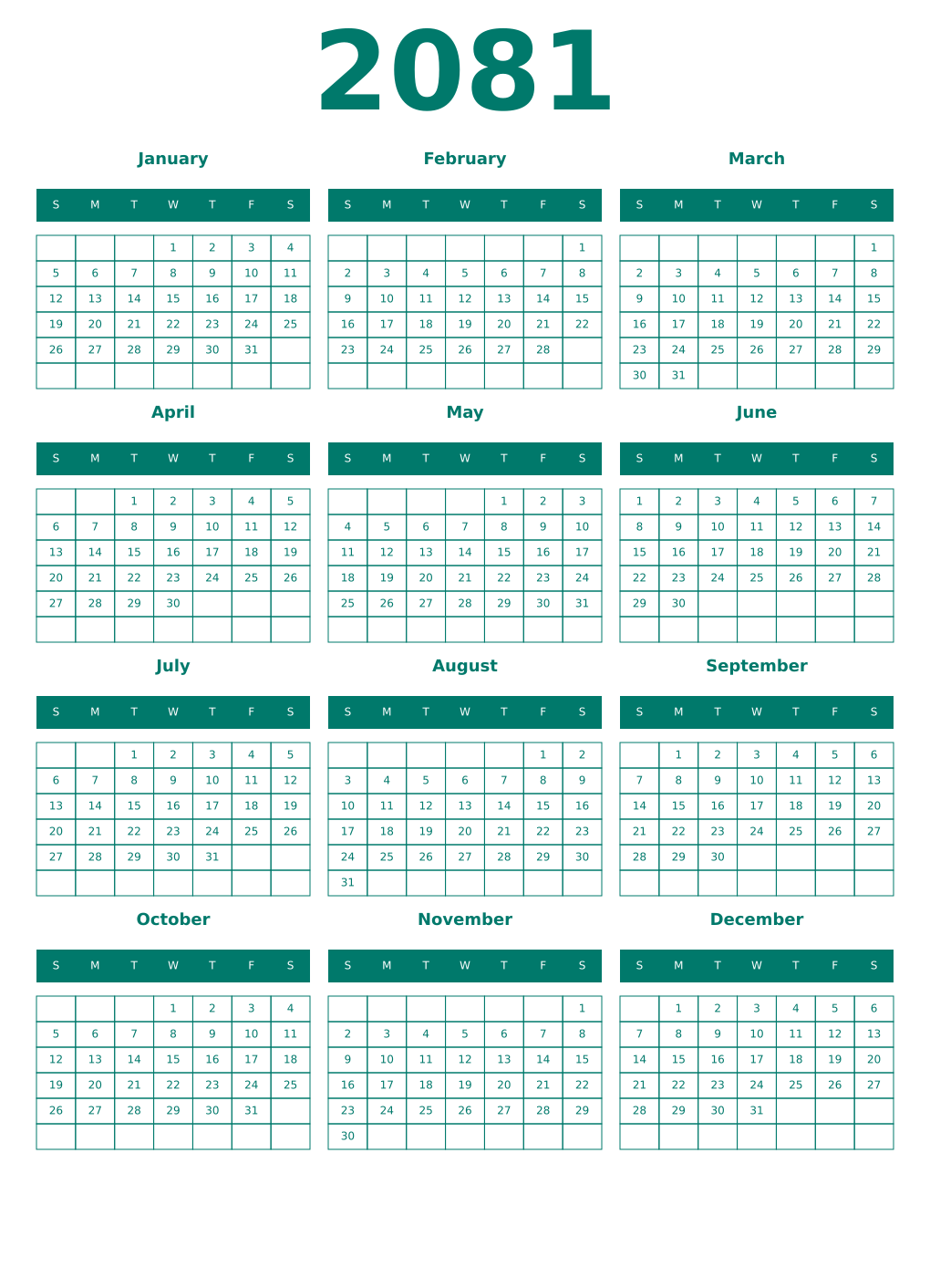 Printable 2081 Year Calendars pastel