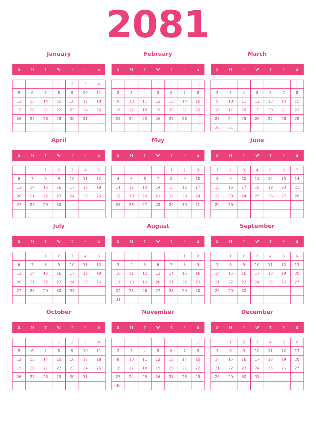 Printable 2081 Year Calendars pink