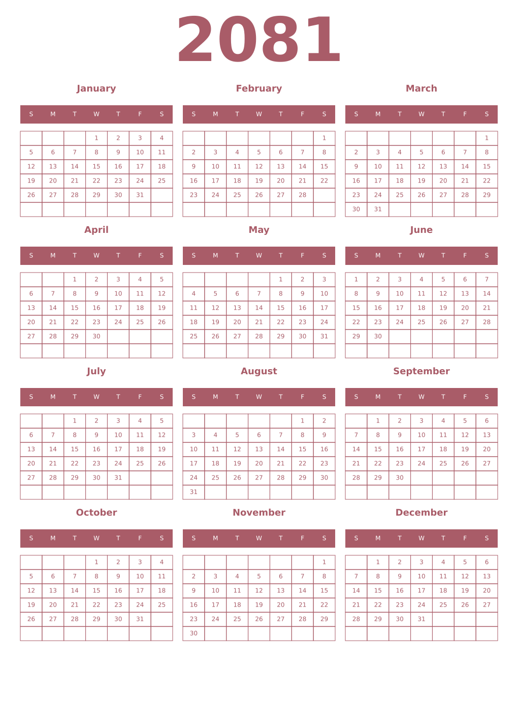 Printable 2081 Year Calendars puce