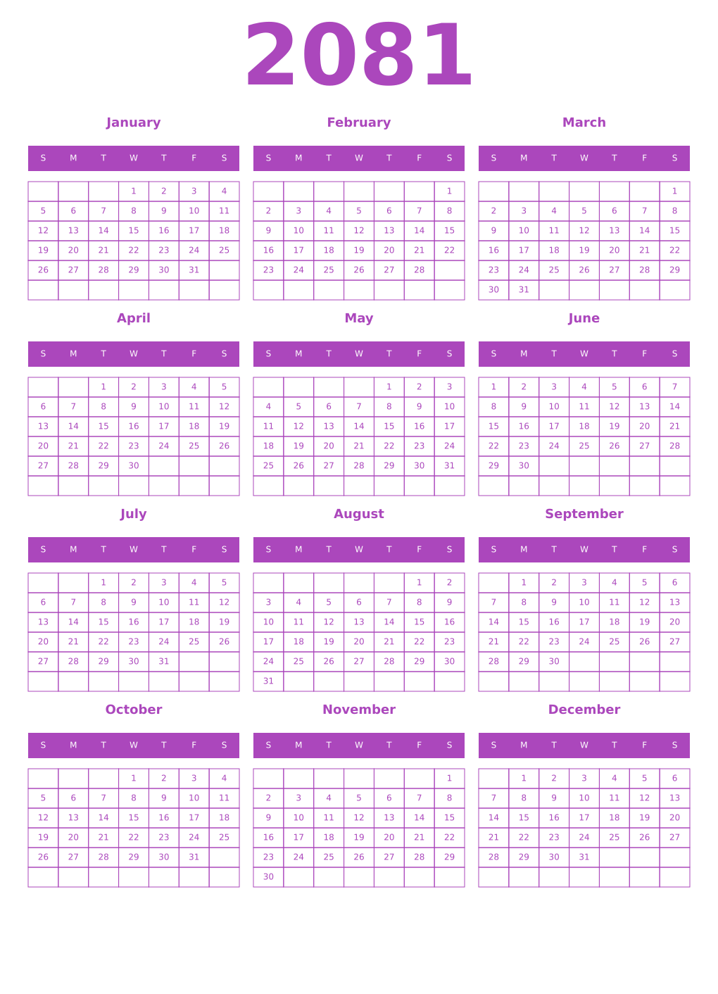 Printable 2081 Year Calendars purple
