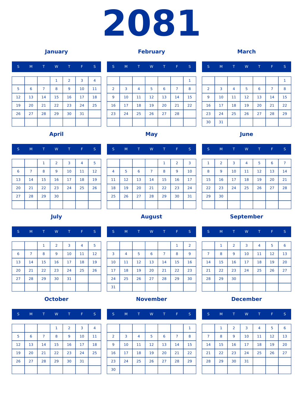 Printable 2081 Year Calendars smalt