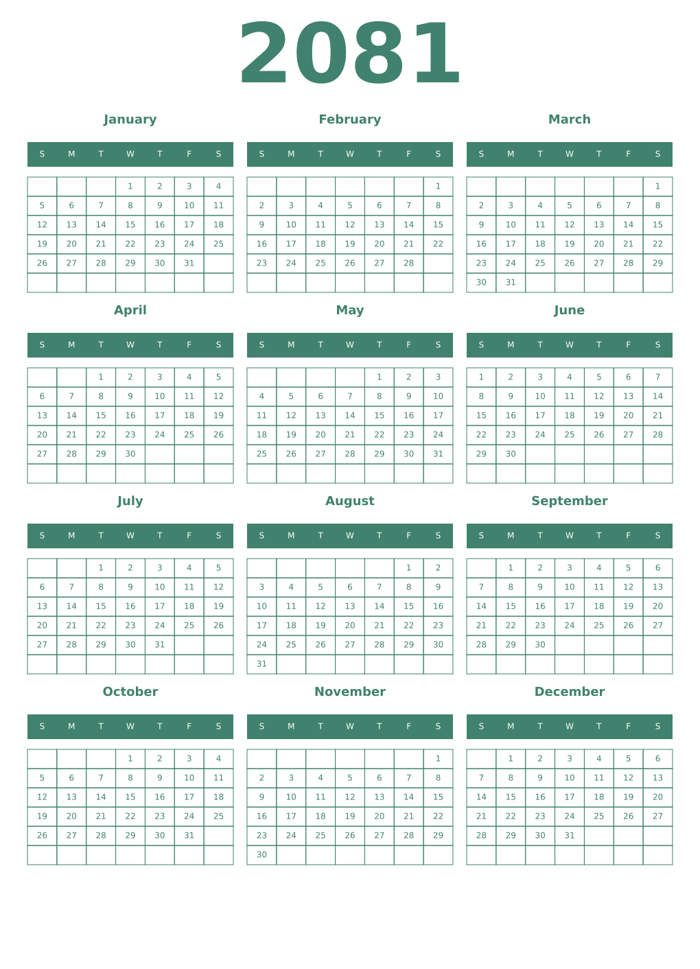 Printable 2081 Year Calendars viridian