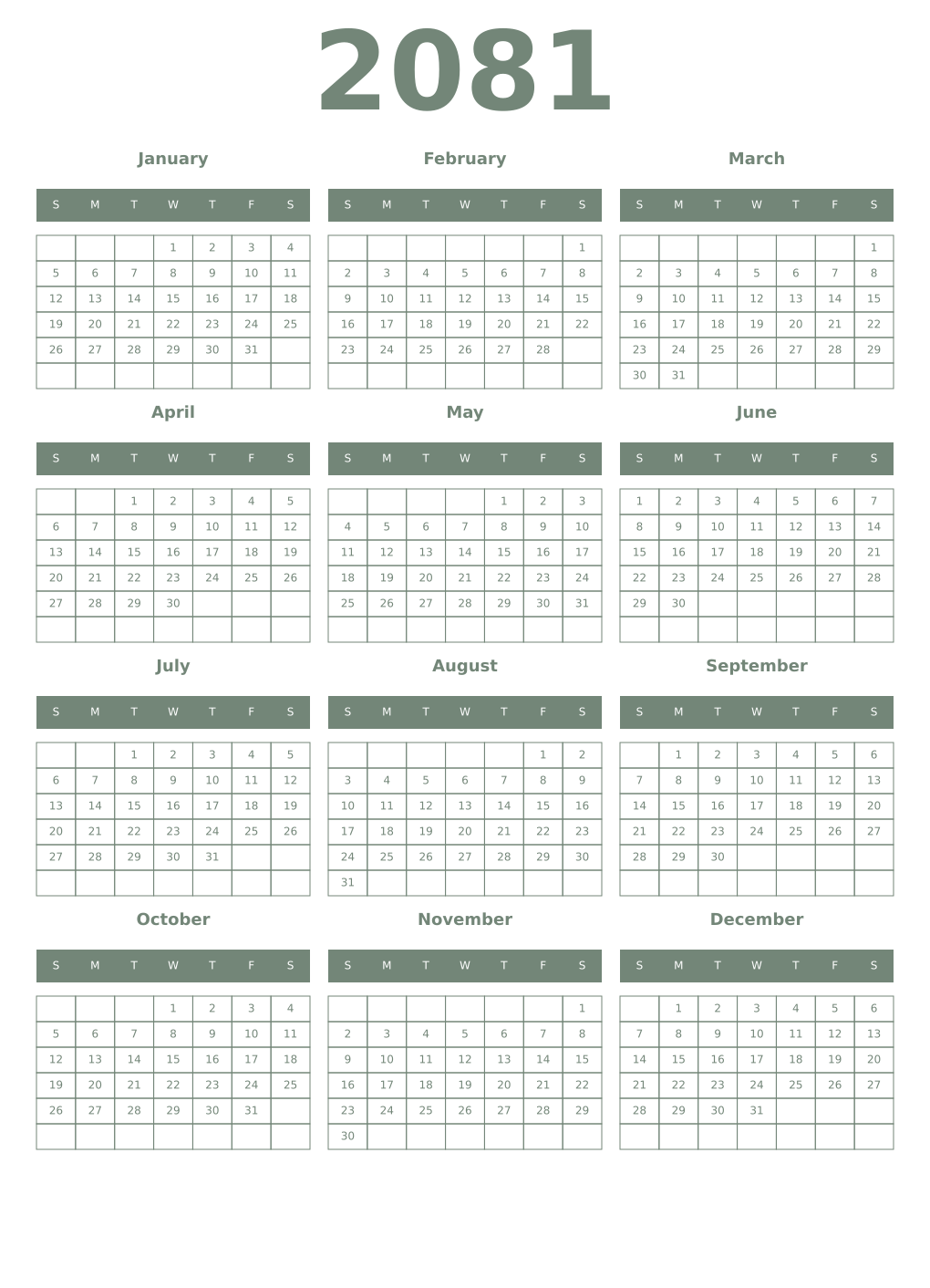Printable 2081 Year Calendars xanadu