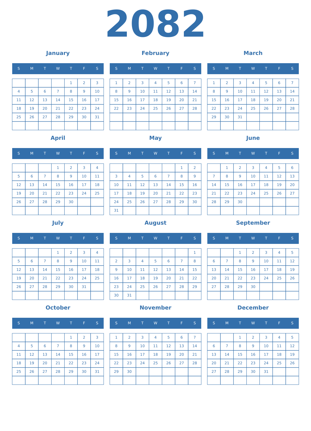 Printable 2082 Year Calendars blue