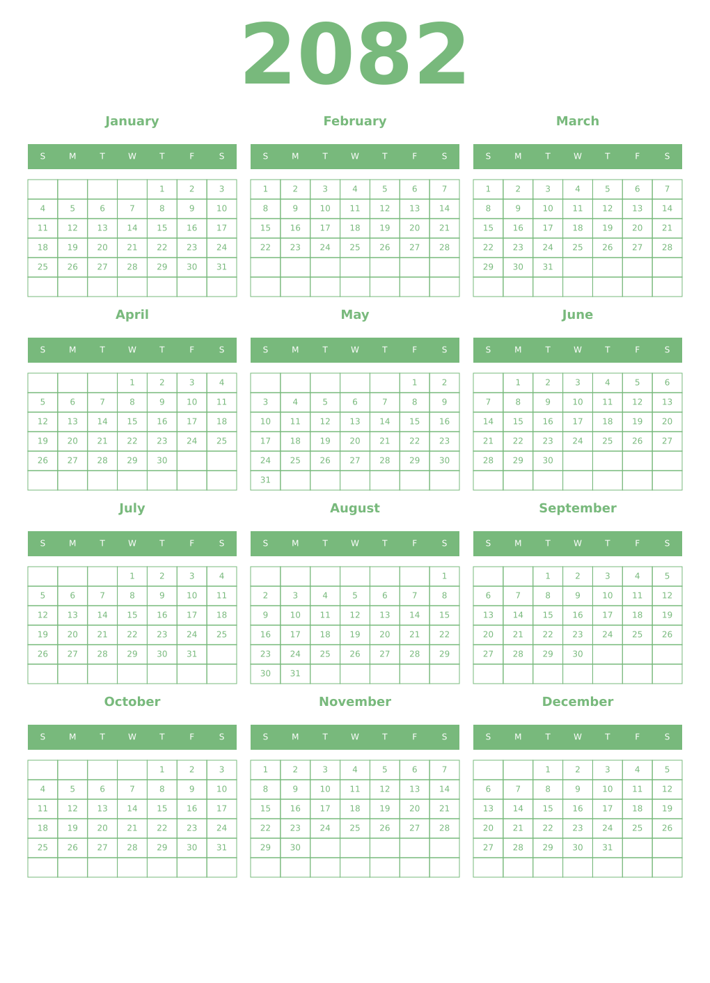 Printable 2082 Year Calendars celadon