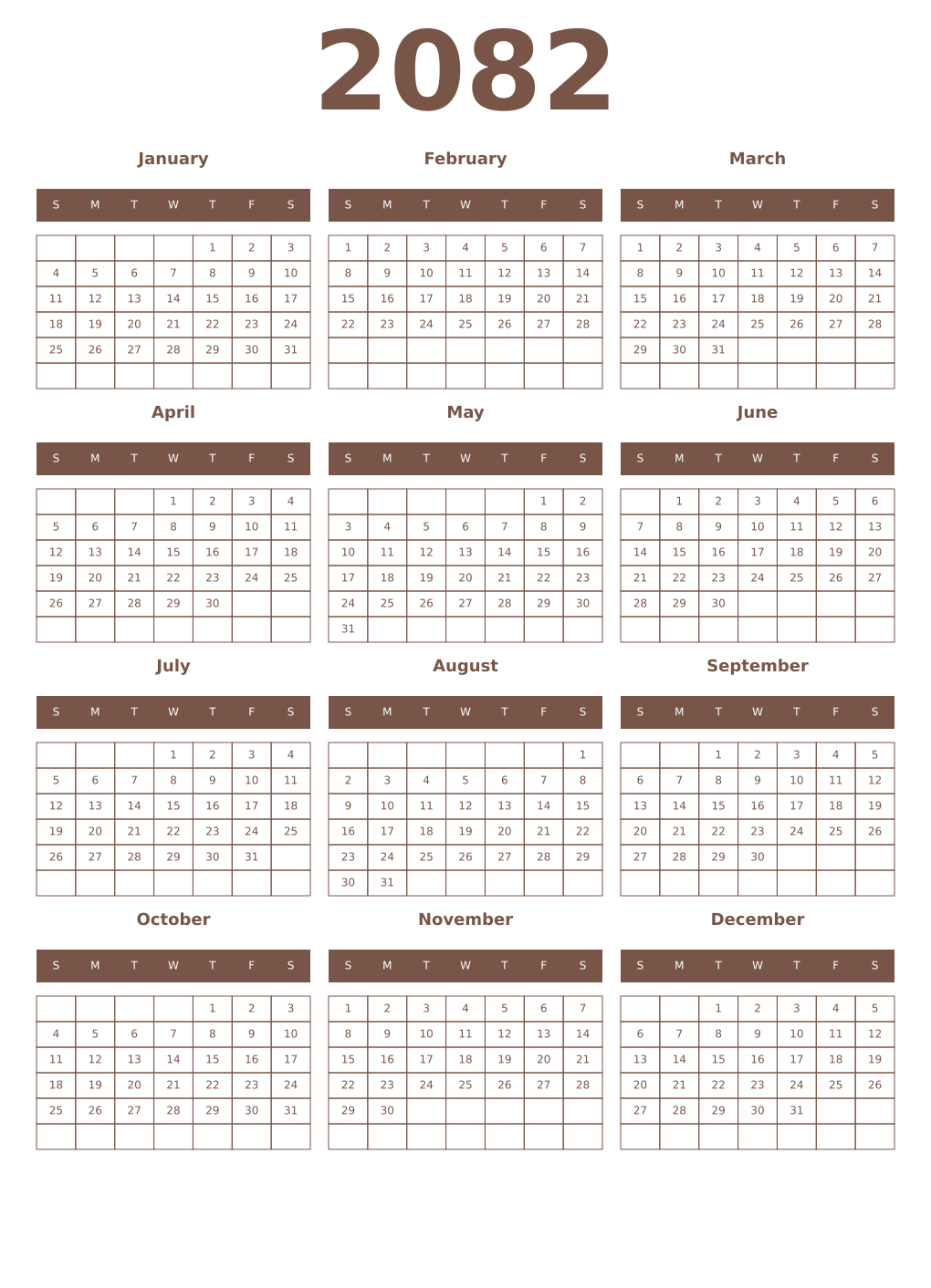 Printable 2082 Year Calendars coffe