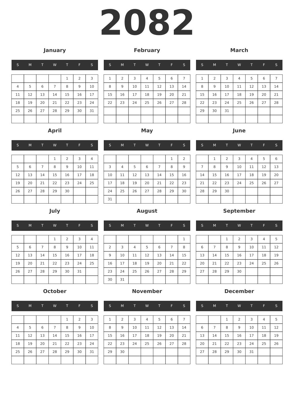 Printable 2082 Year Calendars dark
