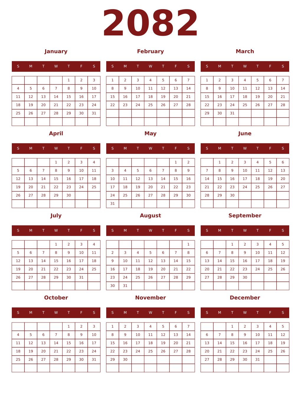 Printable 2082 Year Calendars falu
