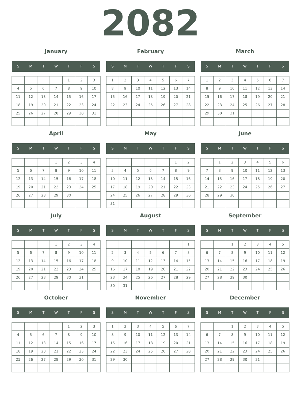 Printable 2082 Year Calendars feldgrau