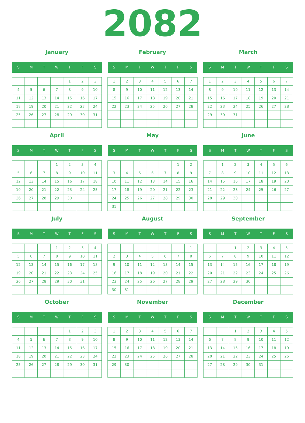 Printable 2082 Year Calendars green