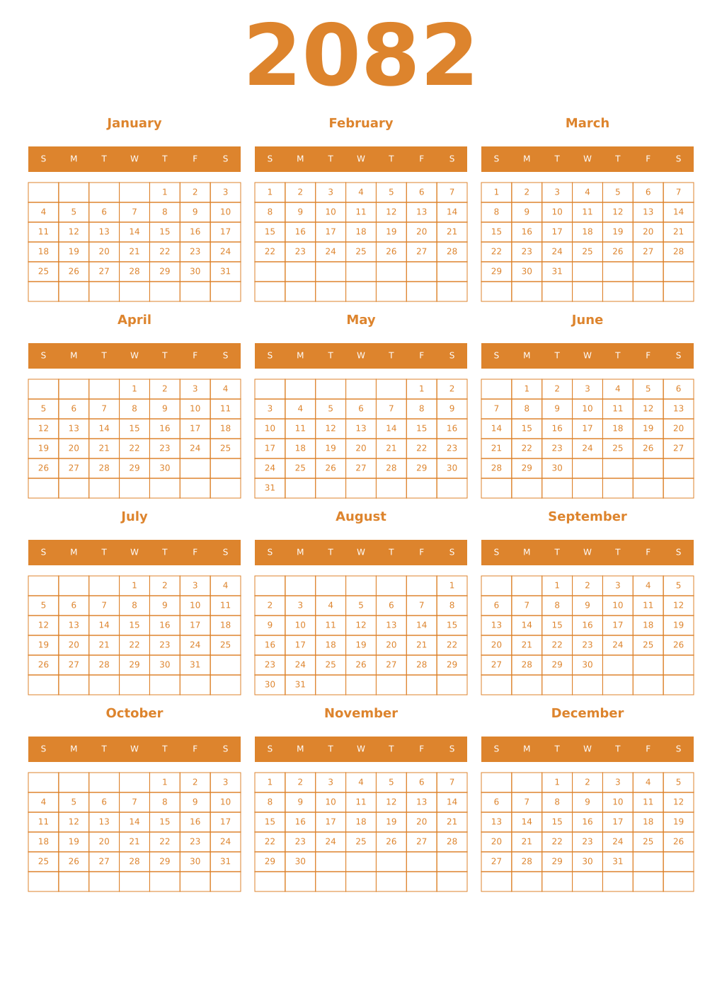 Printable 2082 Year Calendars orange