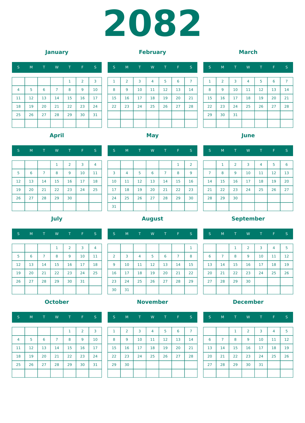Printable 2082 Year Calendars pastel