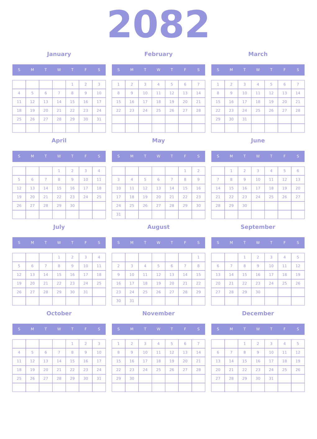 Printable 2082 Year Calendars periwinkle