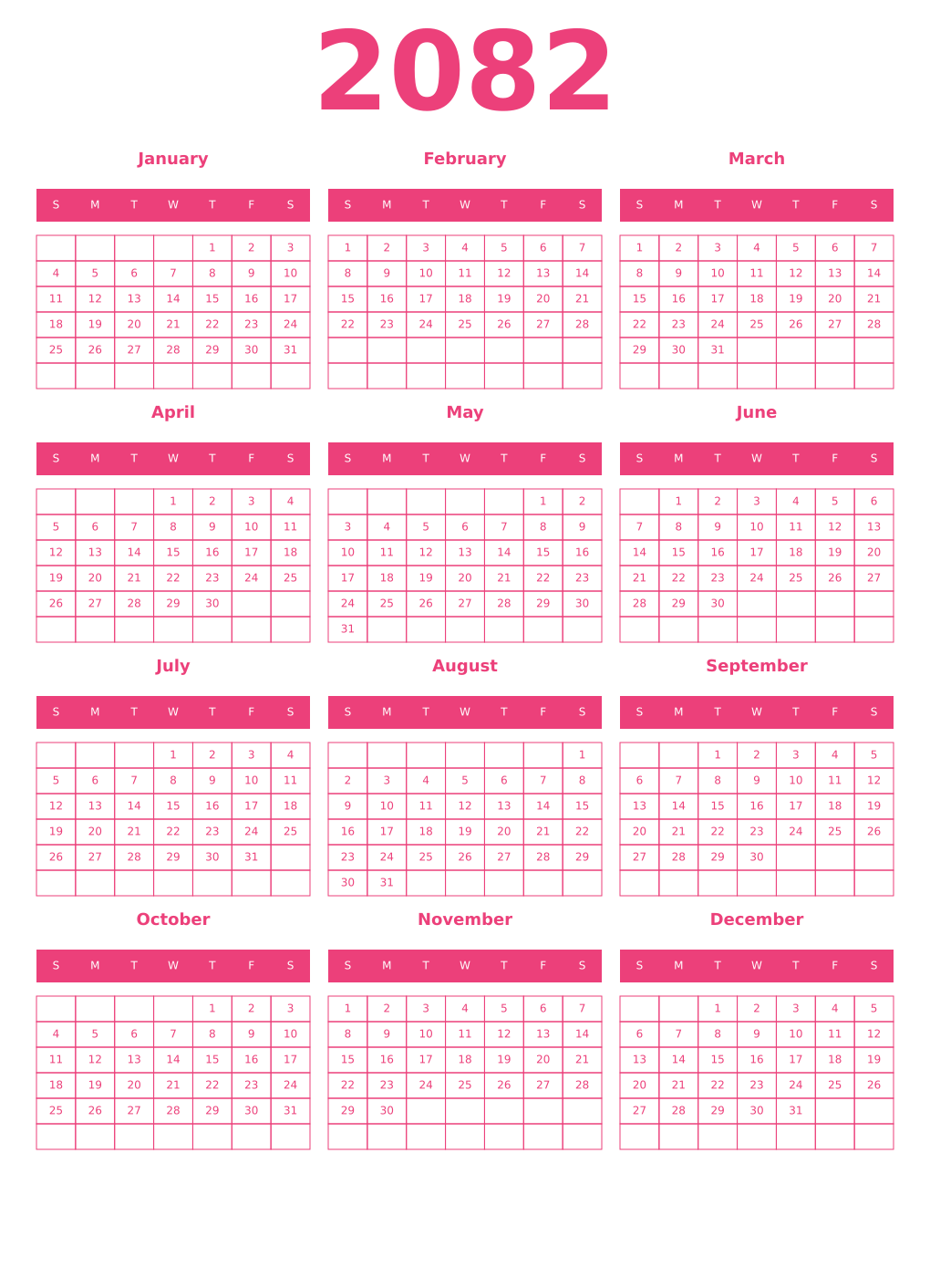 Printable 2082 Year Calendars pink