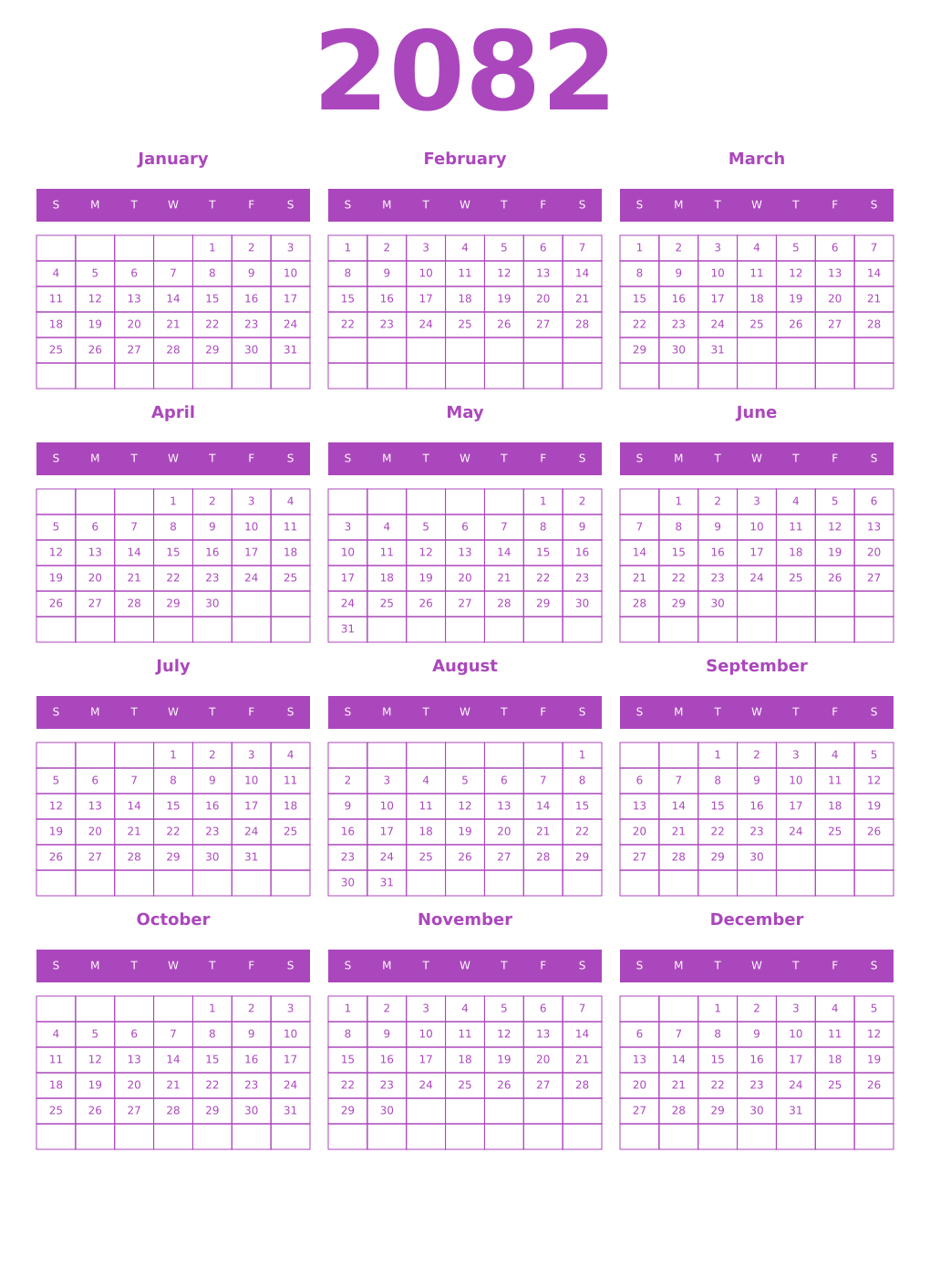 Printable 2082 Year Calendars purple