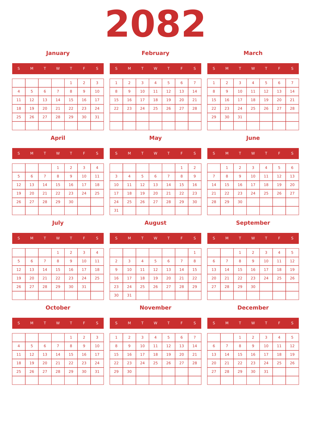 Printable 2082 Year Calendars red