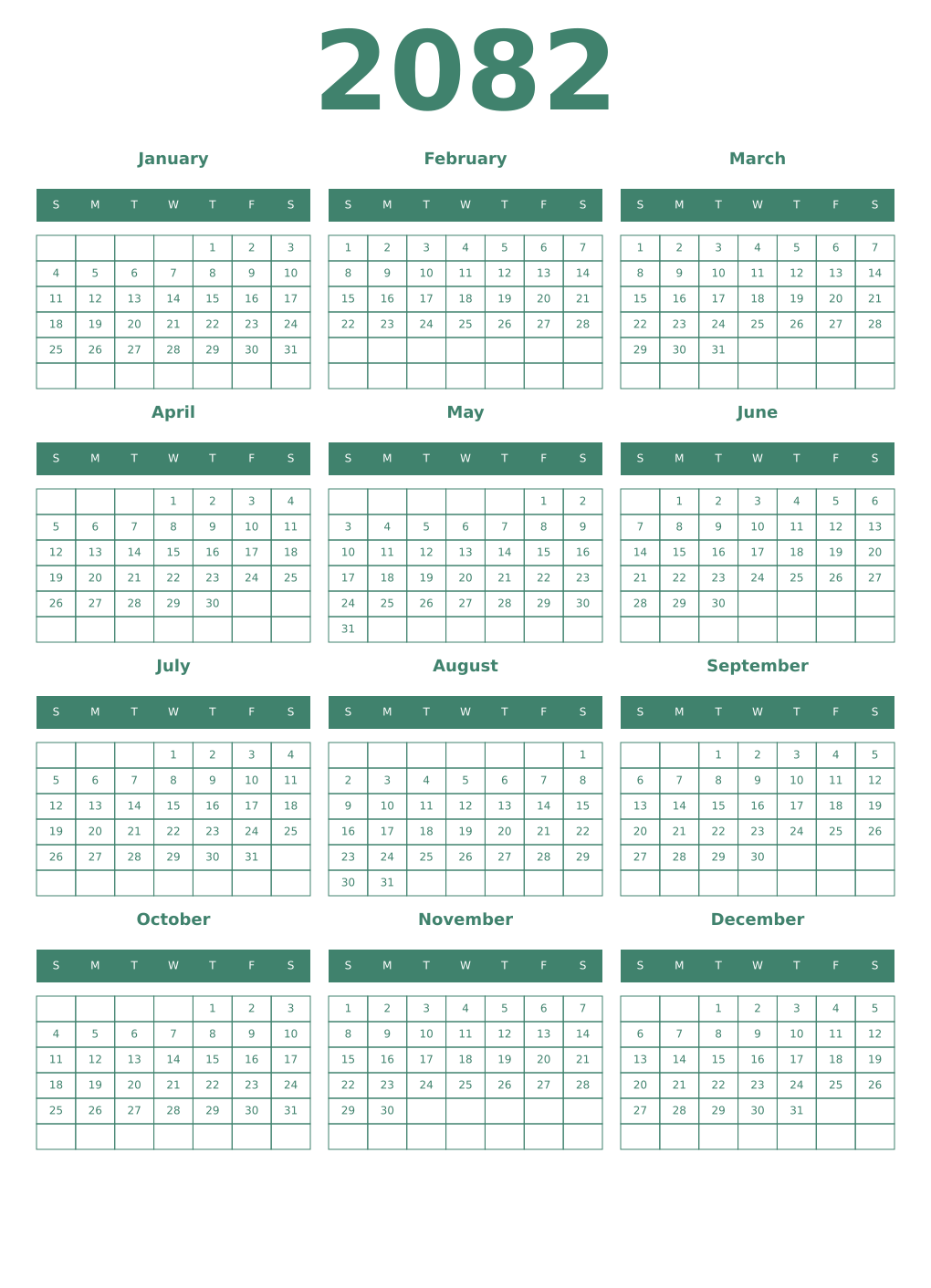 Printable 2082 Year Calendars viridian