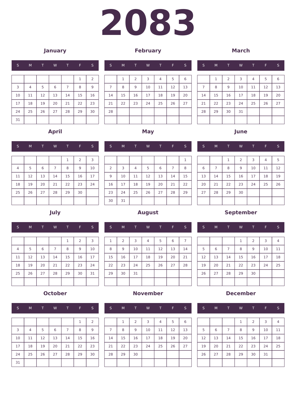 Printable 2083 Year Calendars aubergine