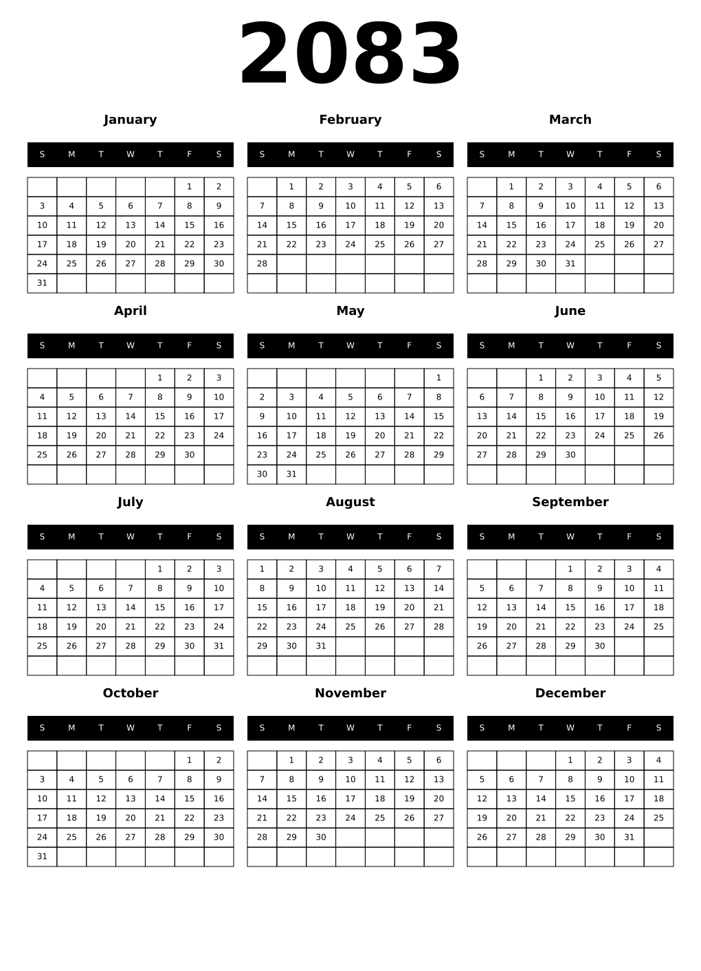 Printable 2083 Year Calendars black