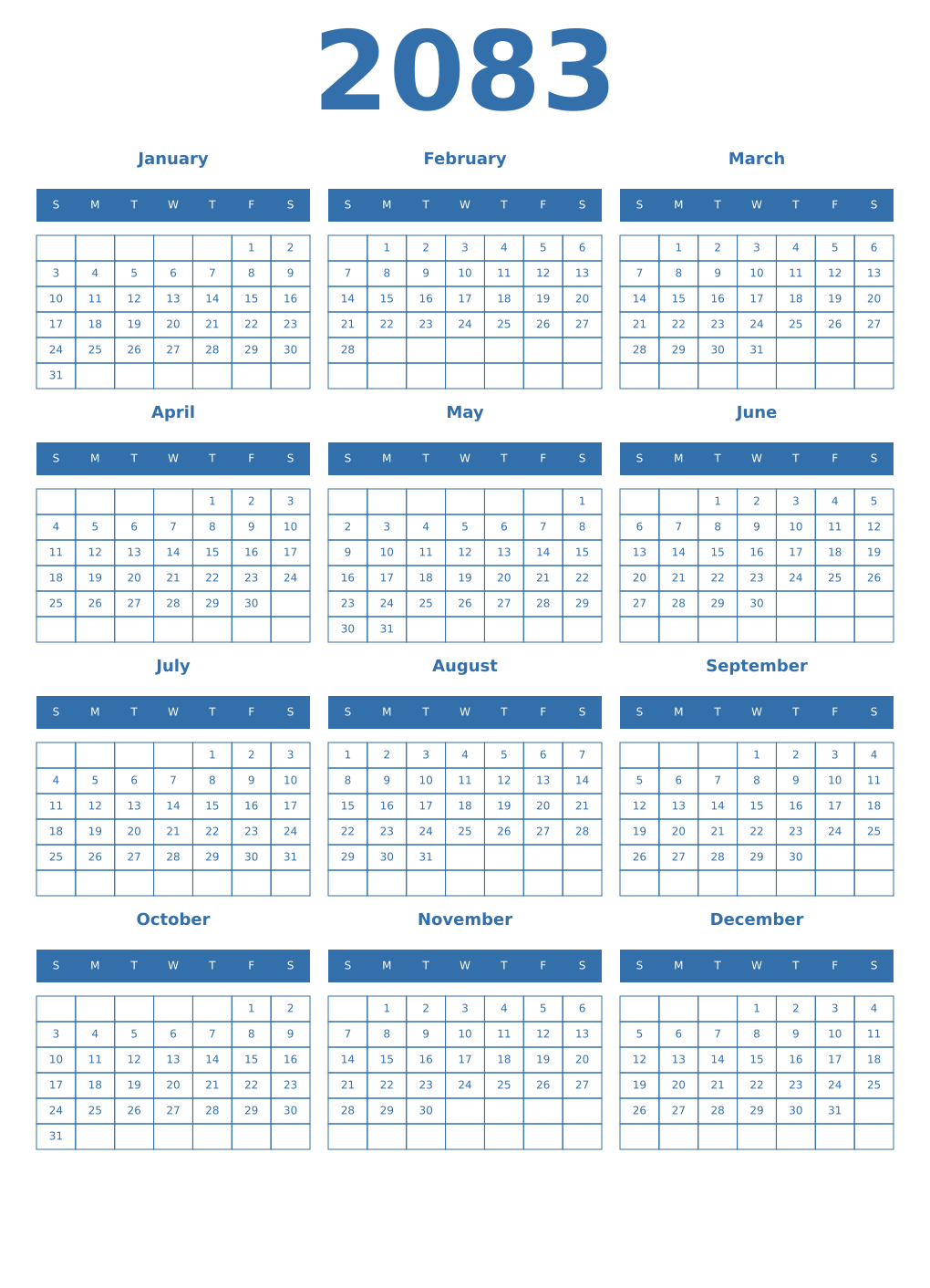 Printable 2083 Year Calendars blue