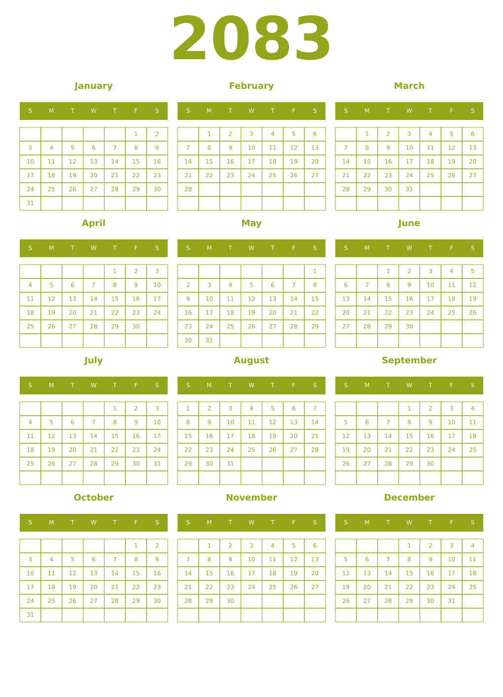 Printable 2083 Year Calendars chartreuse