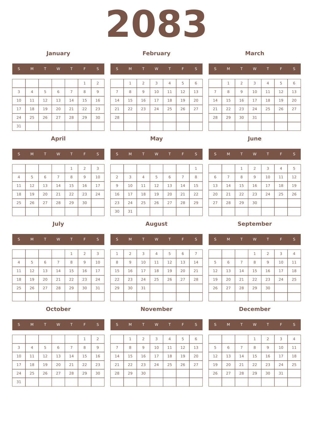 Printable 2083 Year Calendars coffe