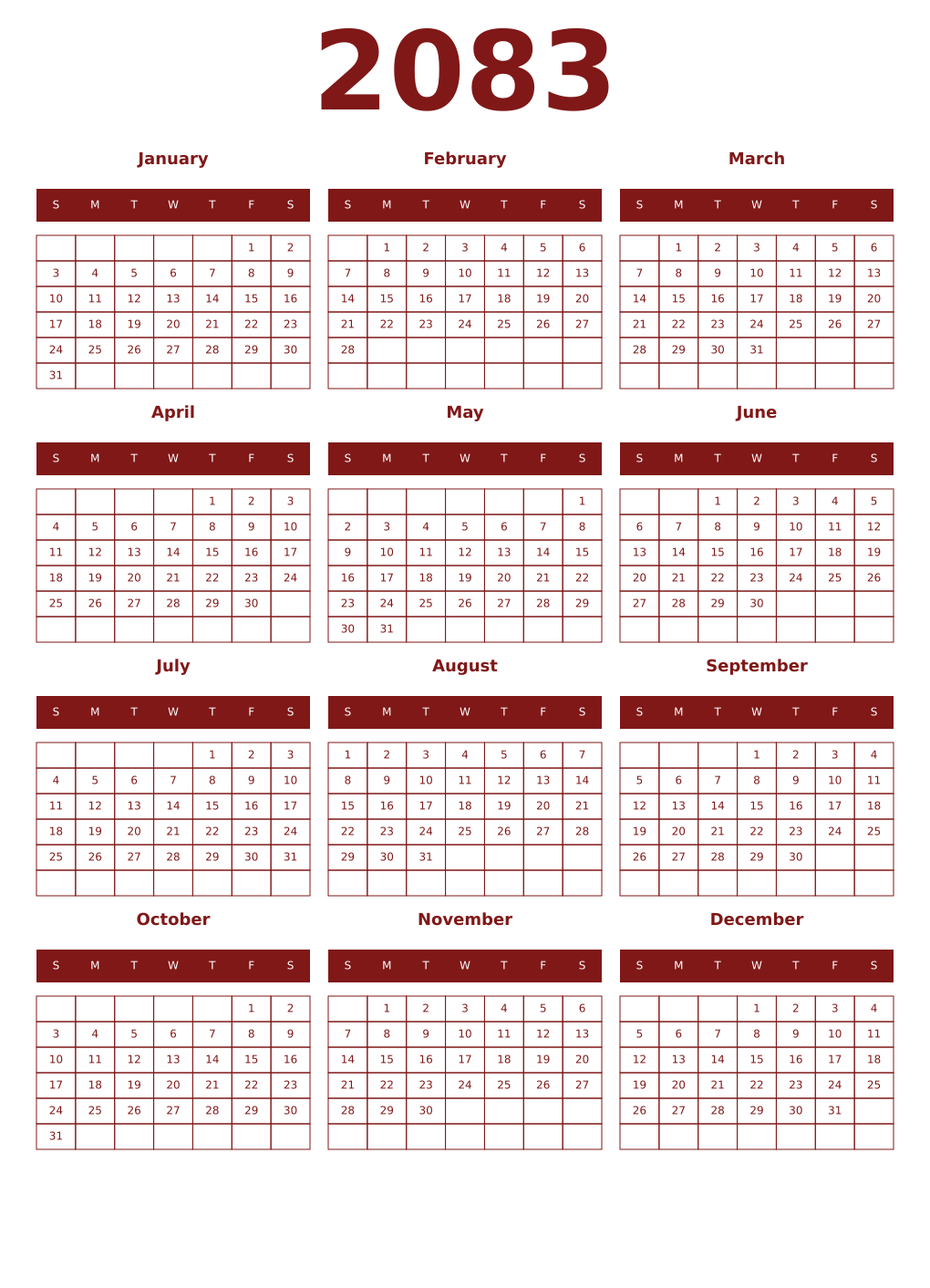 Printable 2083 Year Calendars falu