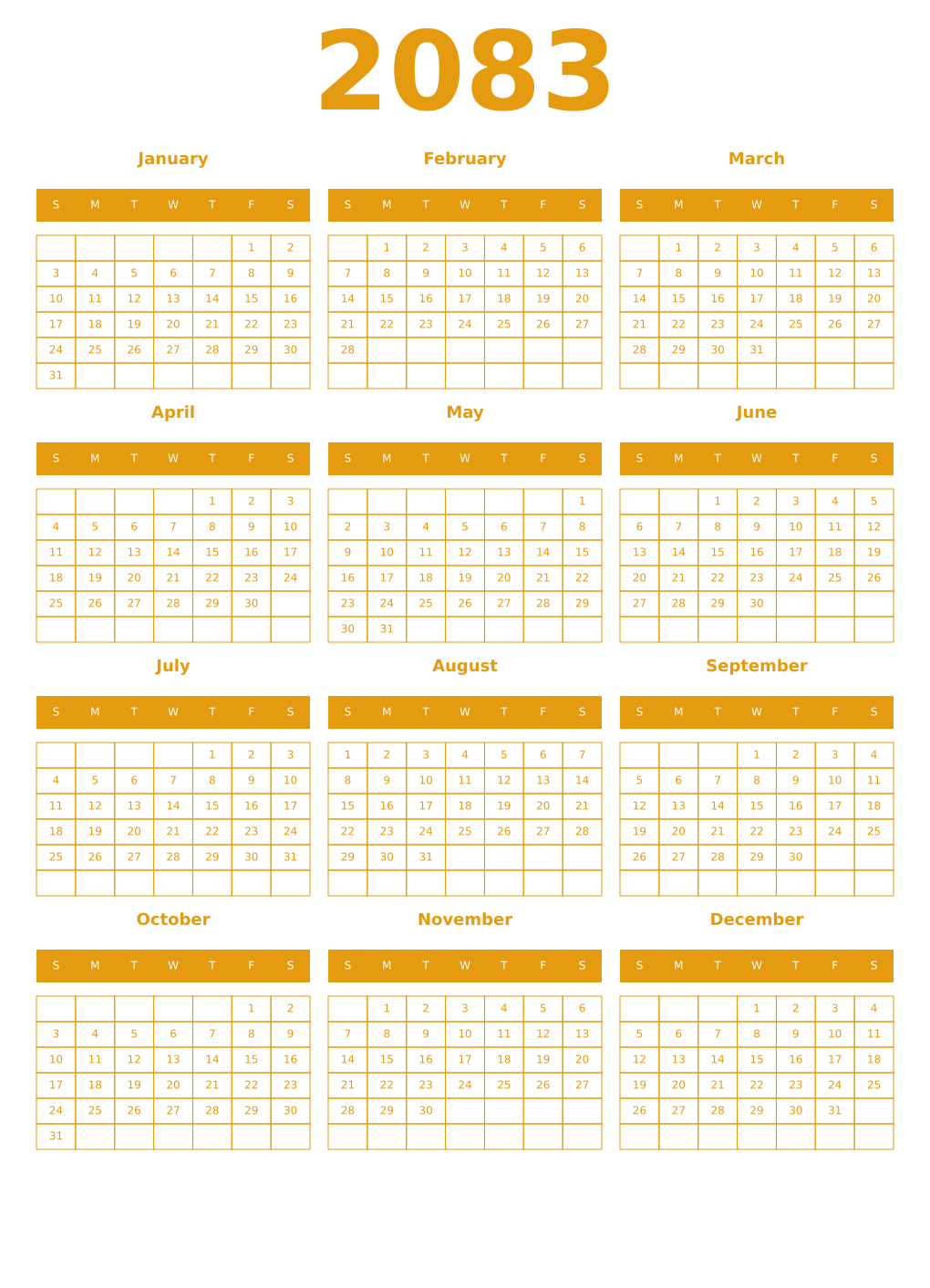 Printable 2083 Year Calendars gamboge