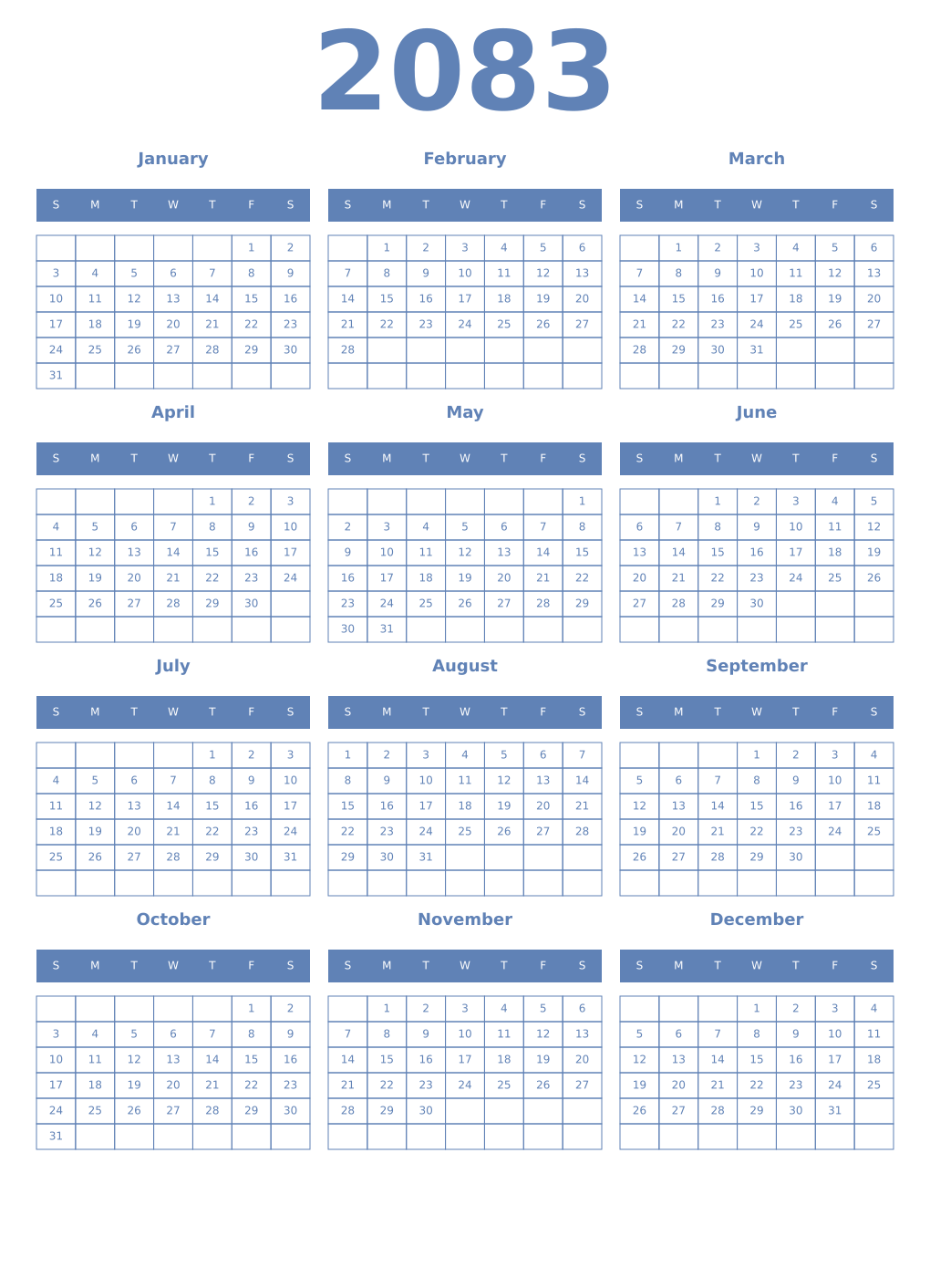 Printable 2083 Year Calendars glaucous