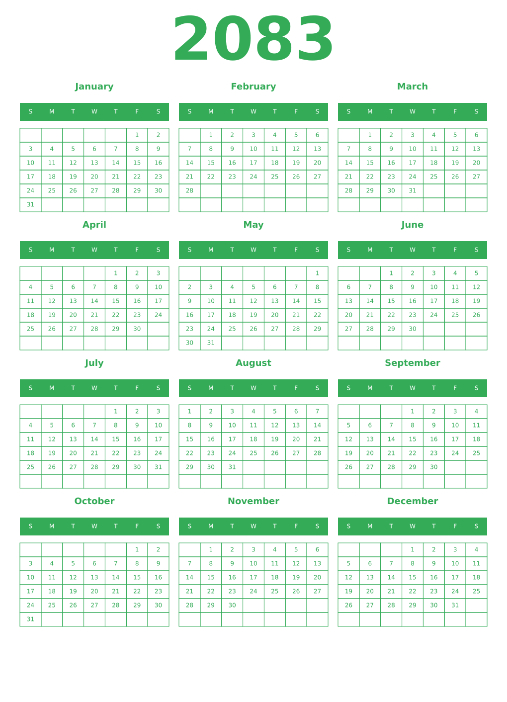 Printable 2083 Year Calendars green