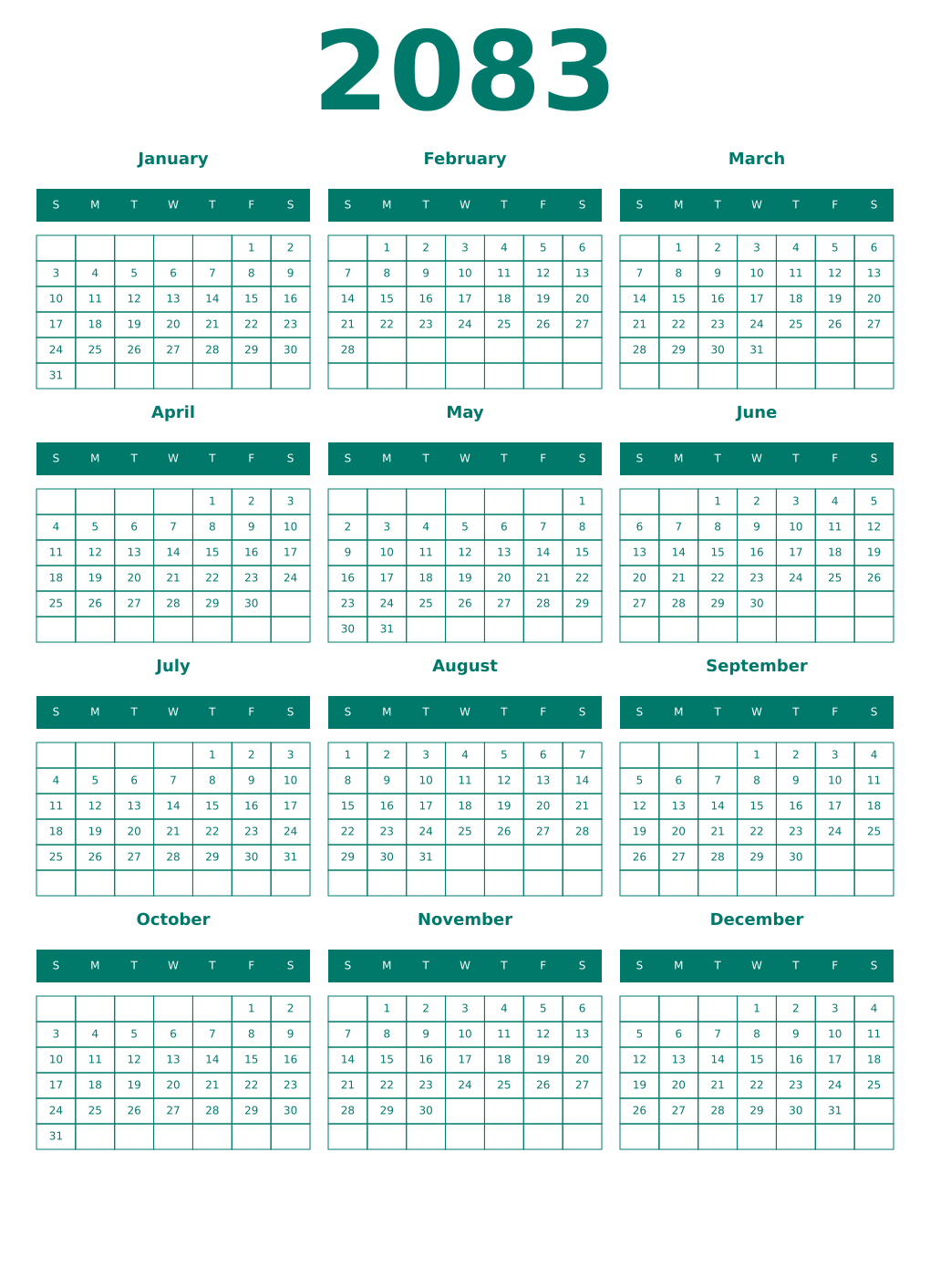 Printable 2083 Year Calendars pastel